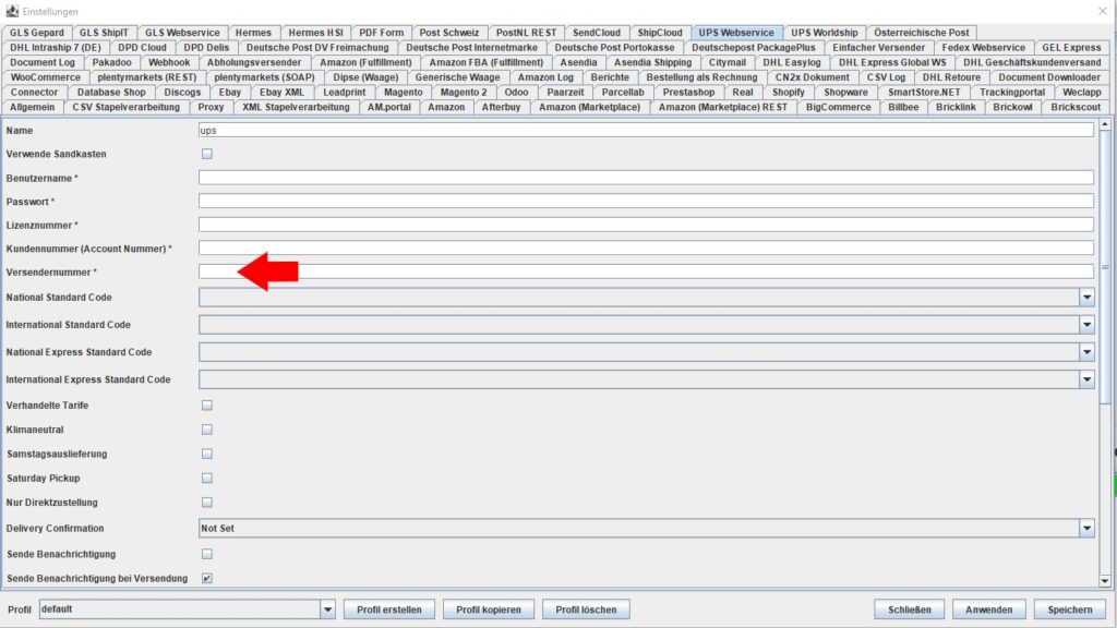 UPS Webservice versendernummer