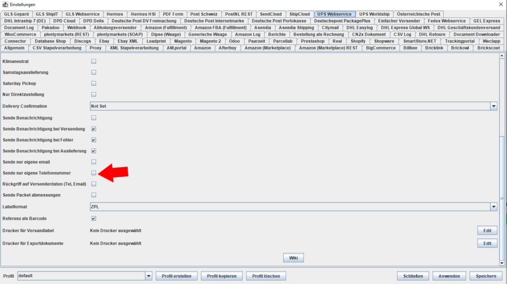 UPS Webservice eigene Telefonnummer
