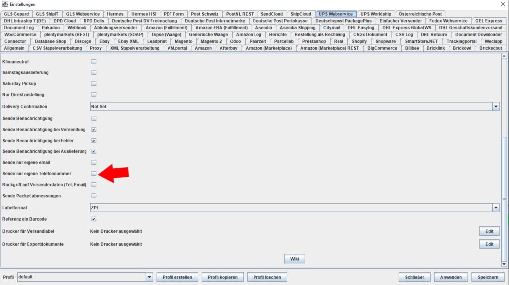 UPS Webservice eigene Telefonnummer