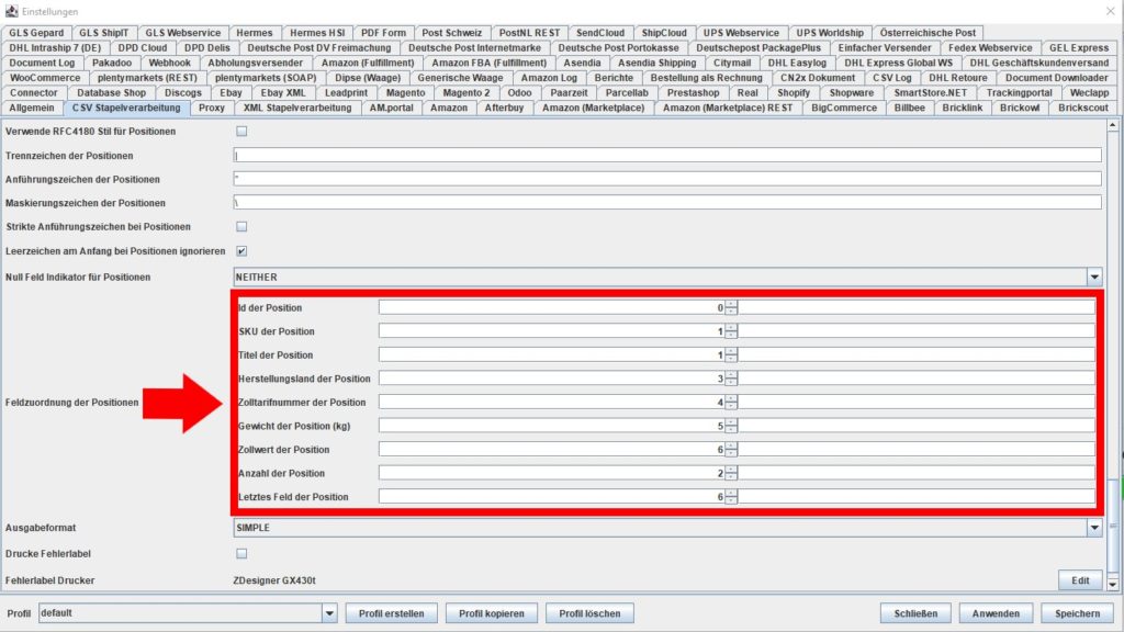 CSV Feldzuordnung der Positionen