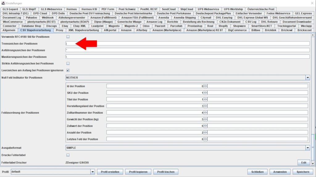 CSV Trennzeichen der Position