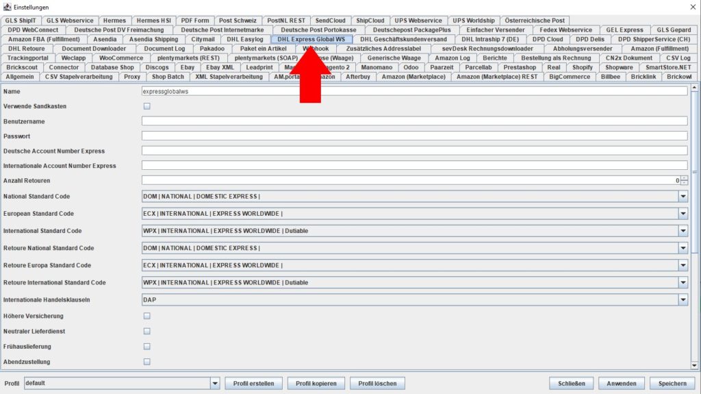 DHL Express Einstellungen