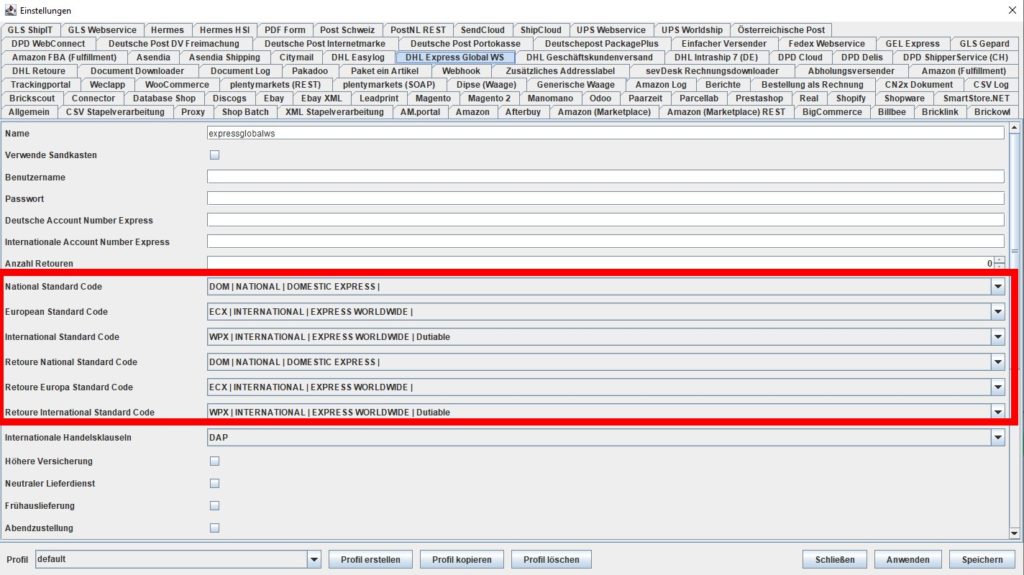 DHL Express Standard Codes