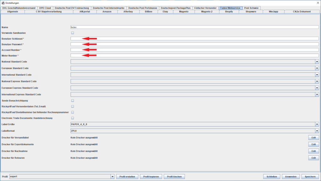 FedEx Webservice Einstellungen