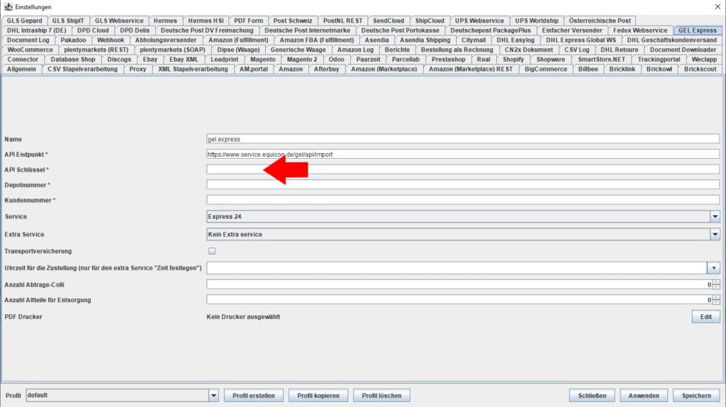 GELexpress API Schlüssel