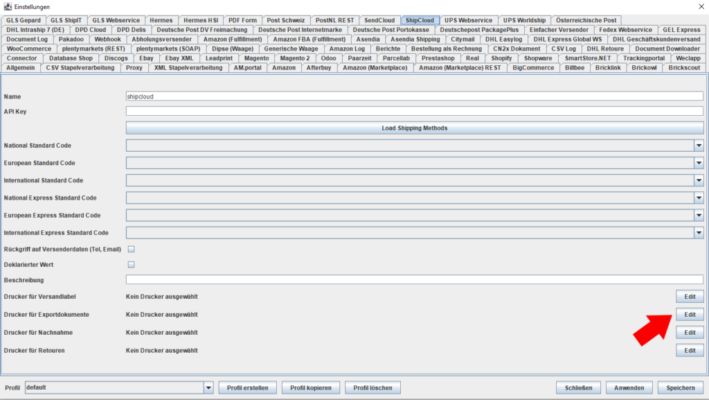 Shipcloud Drucker export