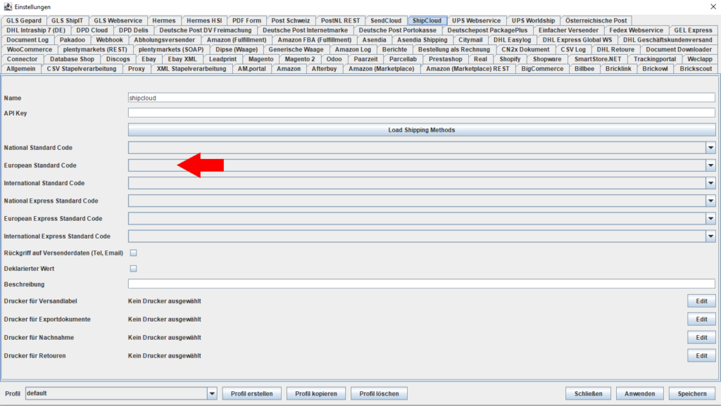 Shipcloud European standard code