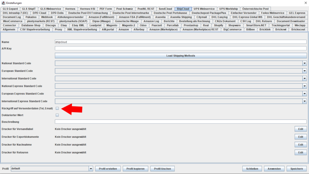 Shipcloud Rückgriff auf versenderdaten