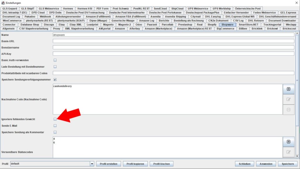 Shopware ignoriere fehlendes gewicht