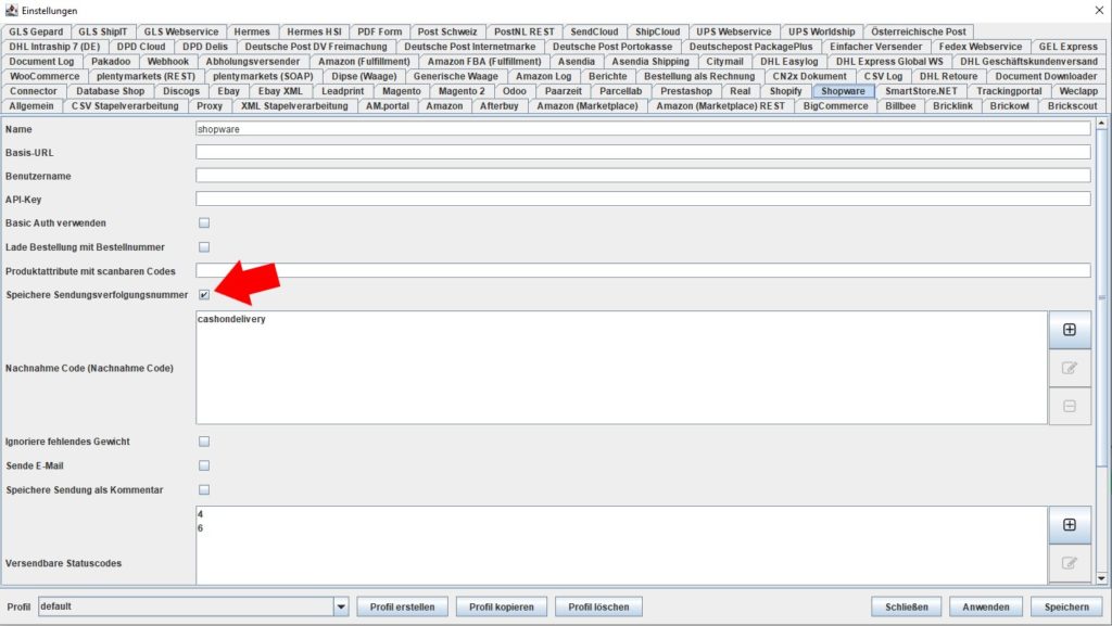 Shopware speicher sendungsverfolgungsnummer
