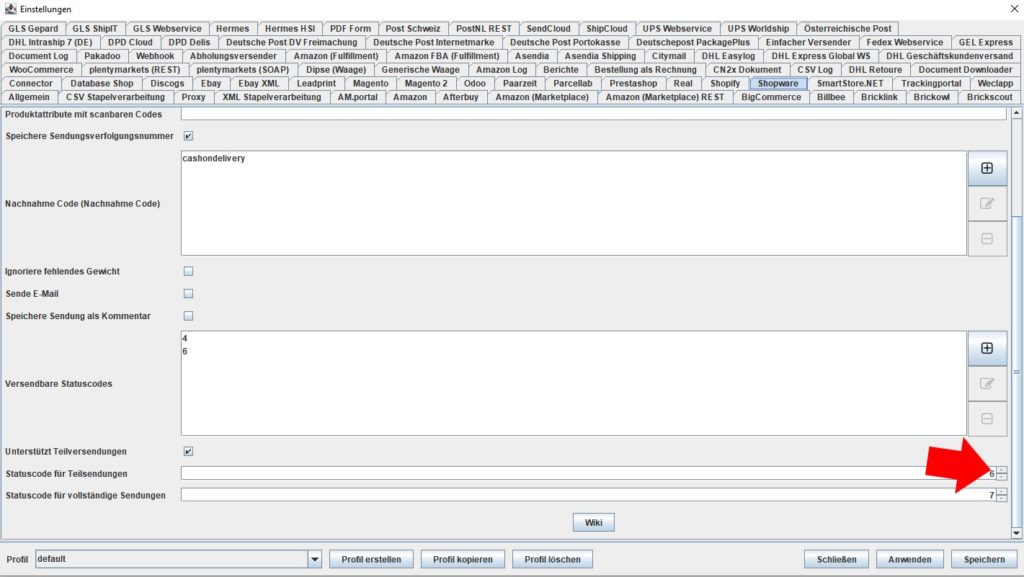 Shopware statuscode für teilsendung