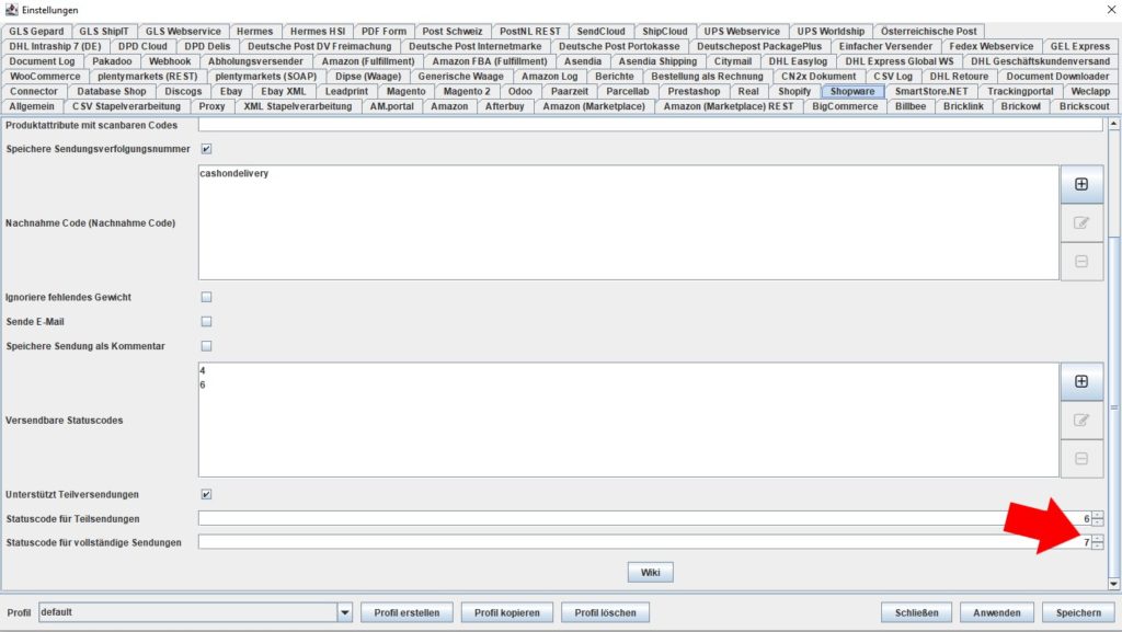 Shopware statuscode für vollsendung