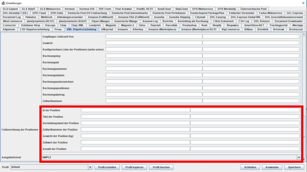 XML Feldzuordnung der Positionen