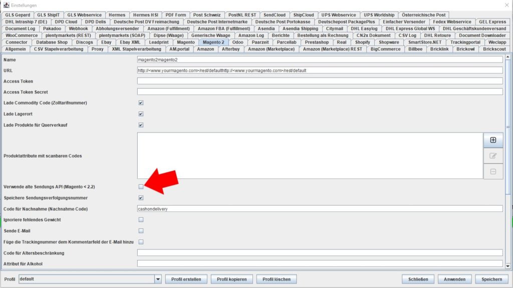 magento2 verwende alte sendungs API