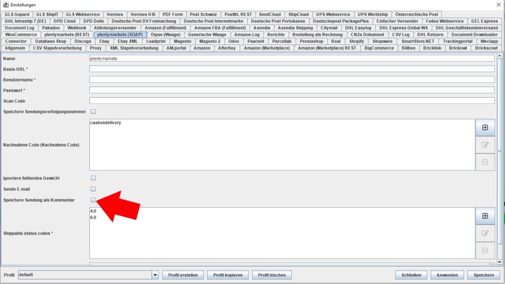 Plentymarkets Speichere sendung als kommentar
