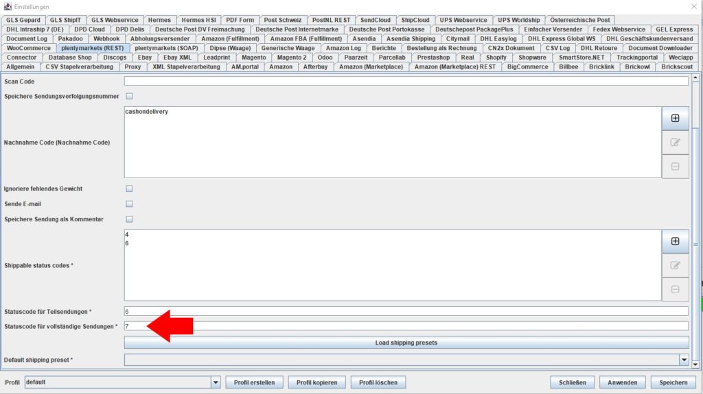 plentymarkets REST Statuscodes für vollständige Sendungen