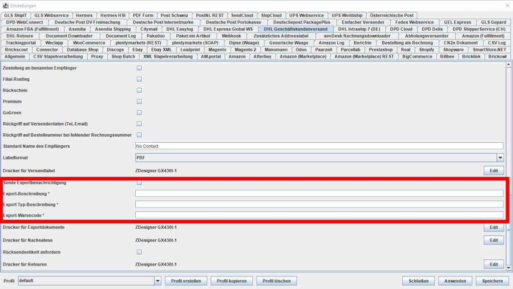 DHLBusinessCustomer Exporteinstellungen