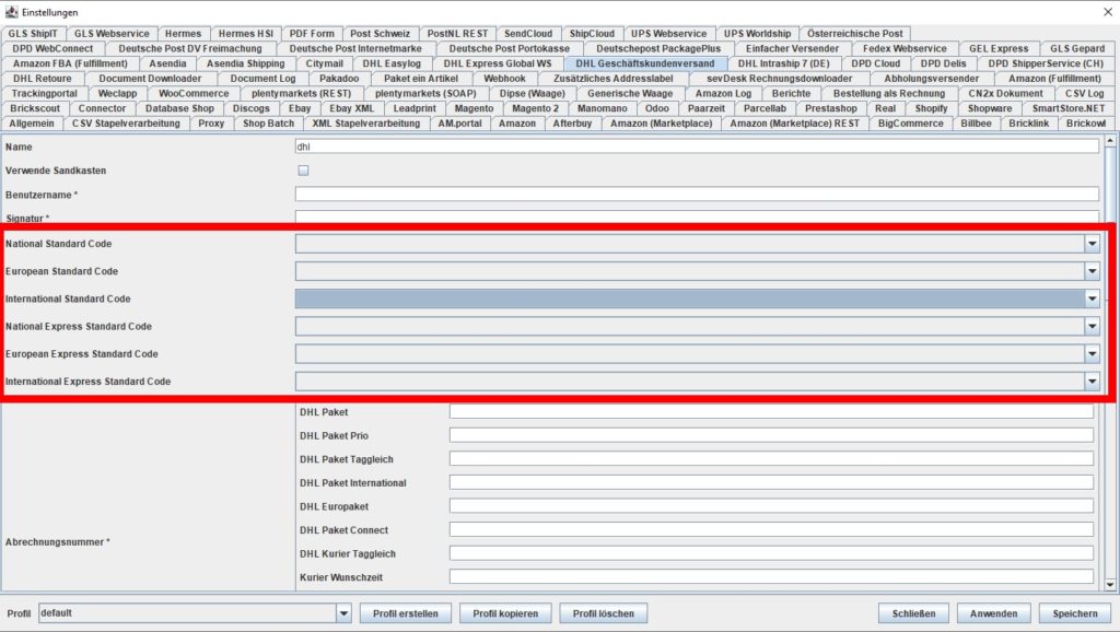 DHLBusinessCustomer standard codes