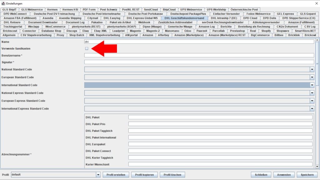 DHLBusinessCustomer verwende Sandkasten