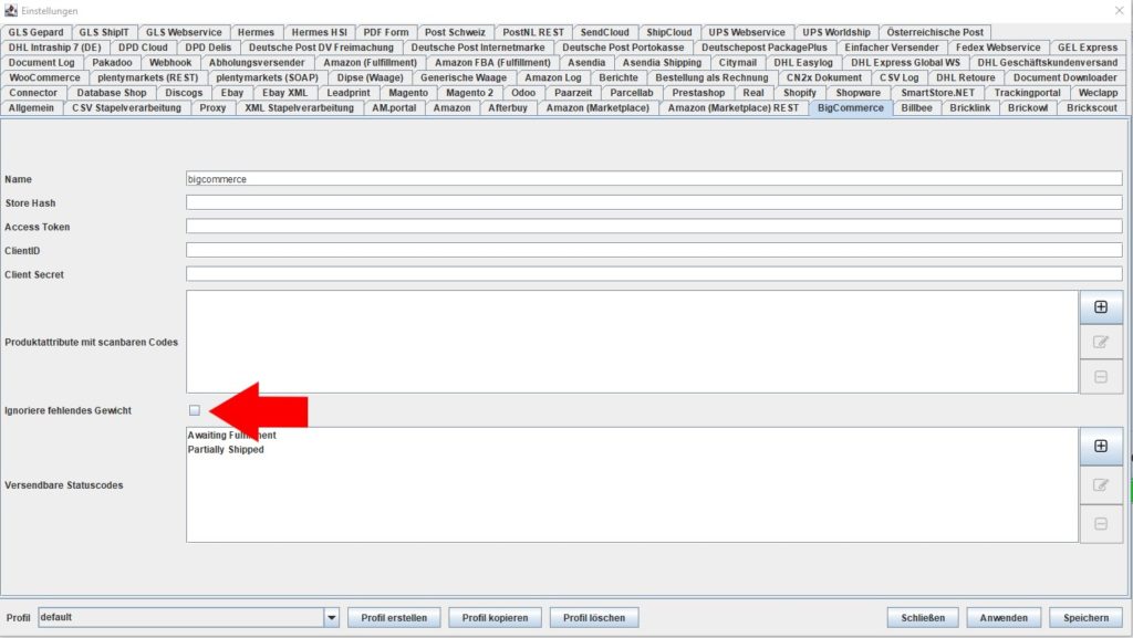 Bigcommerce ignoriere fehlendes Gewicht