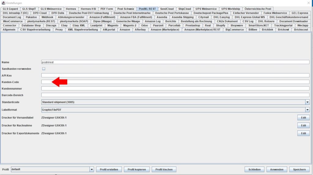 PostNL rest Kunden code