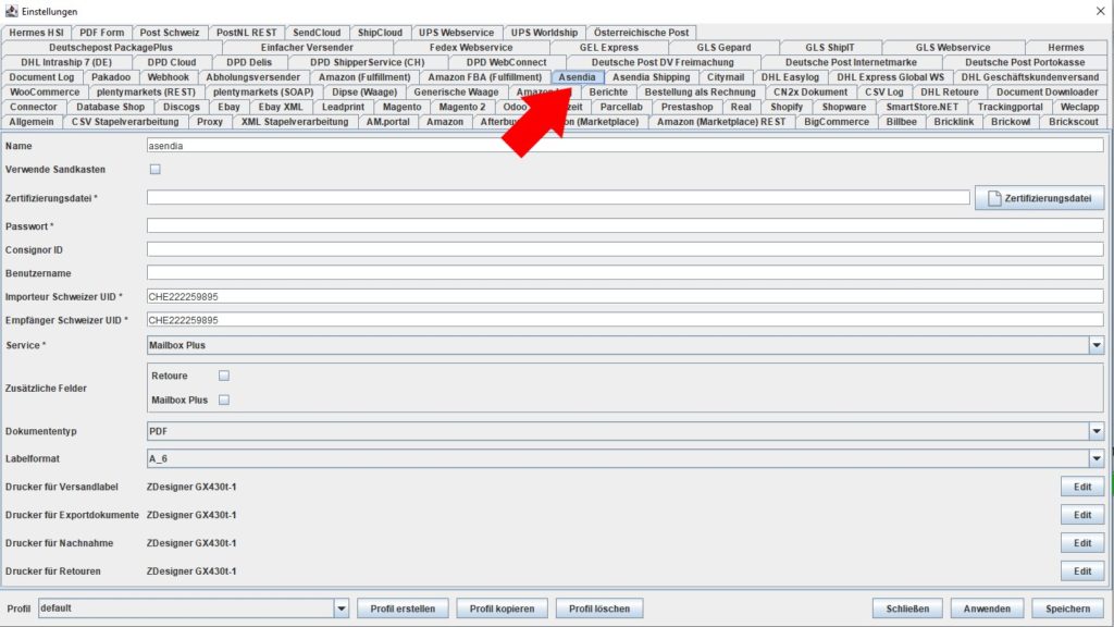 Asendia Einstellungen
