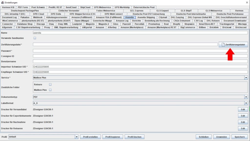 Asendia zertifizierungsdatei