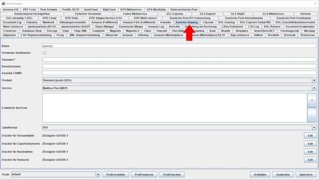 AsendiaShipping Einstellungen