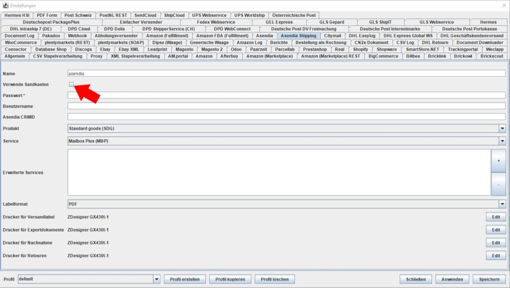 AsendiaShipping verwende sandkasten