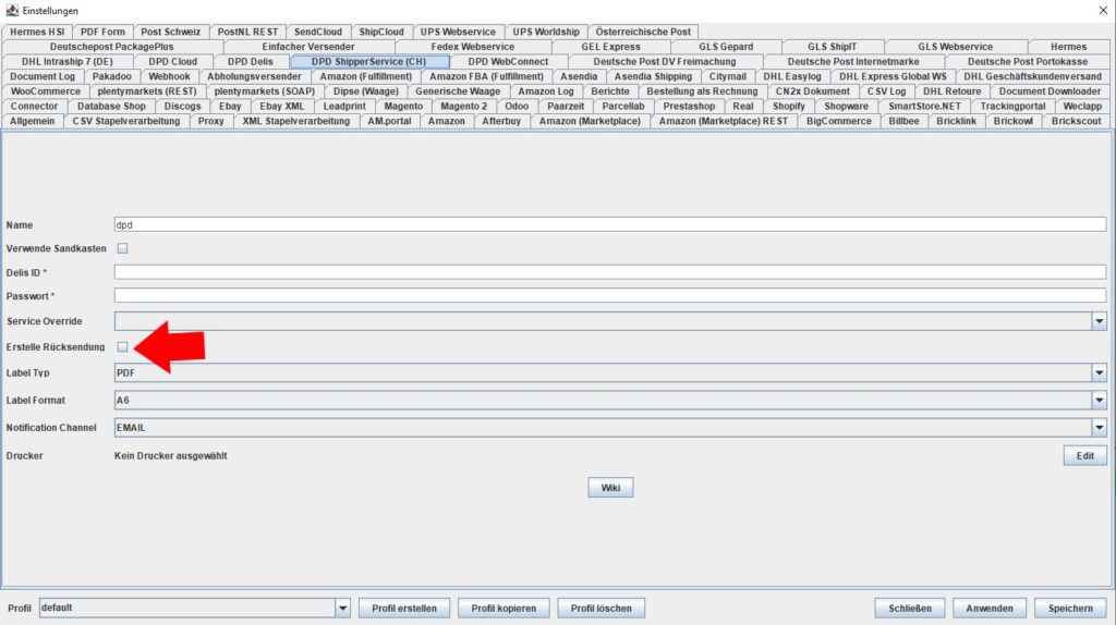 DPDshipperCH Erstelle Rücksendung