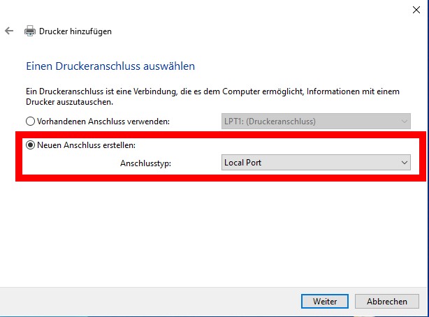 Drucker - Neuen Anschluss erstellen